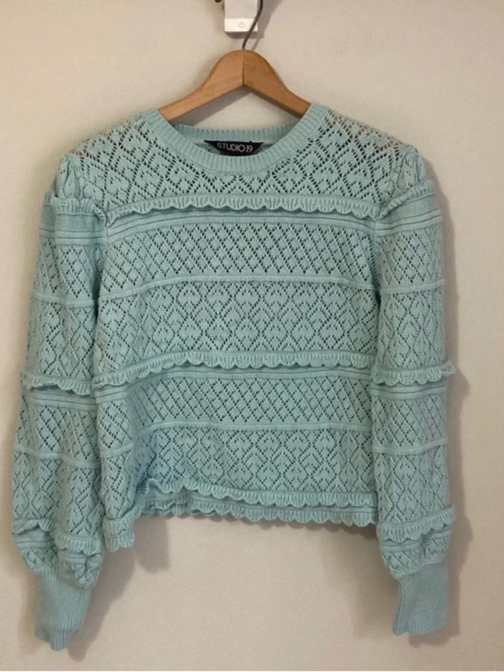 Studio 19 crochet Sweater, Balloon Sleeve Boho Sweater, Blue Ruffled Knit, Large